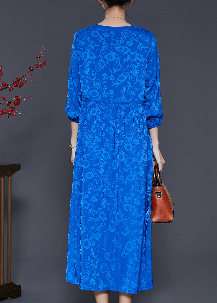 Bohemian Blue Tie Waist Print Silk Dress Spring