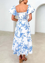 Bohemian Blue V Neck Print Cotton Dress Puff Sleeve