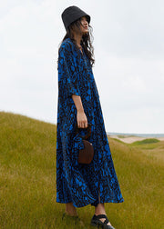 Bohemian Blue V Neck Print Cotton Robe Dresses Summer