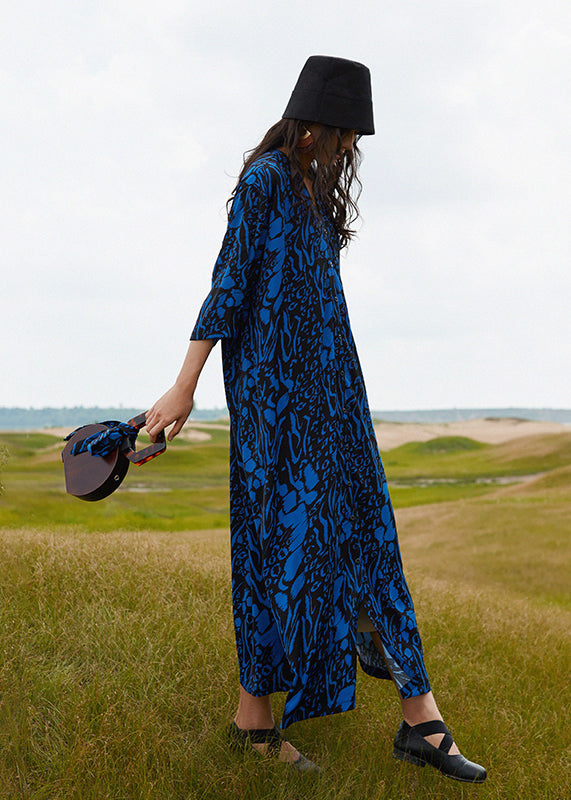 Bohemian Blue V Neck Print Cotton Robe Dresses Summer