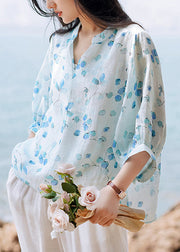 Bohemian Blue V Neck Print Linen Shirt Tops Lantern Sleeve