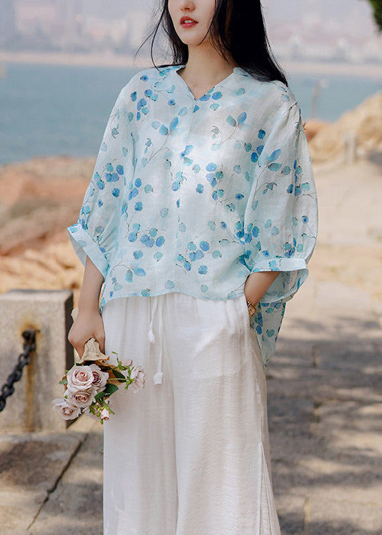 Bohemian Blue V Neck Print Linen Shirt Tops Lantern Sleeve