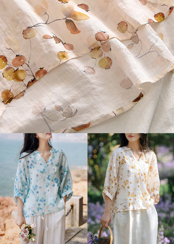 Bohemian Blue V Neck Print Linen Shirt Tops Lantern Sleeve