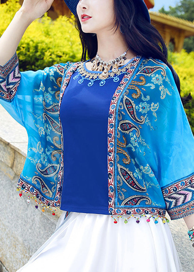 Bohemian Blue V Neck Print Tassel Cardigan Summer