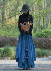 Bohemian Blue Wrinkled Asymmetrical Lace Up Corduroy Skirt Spring