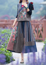 Bohemian Blue Wrinkled Embroideried Patchwork Linen Two Pieces Set Summer