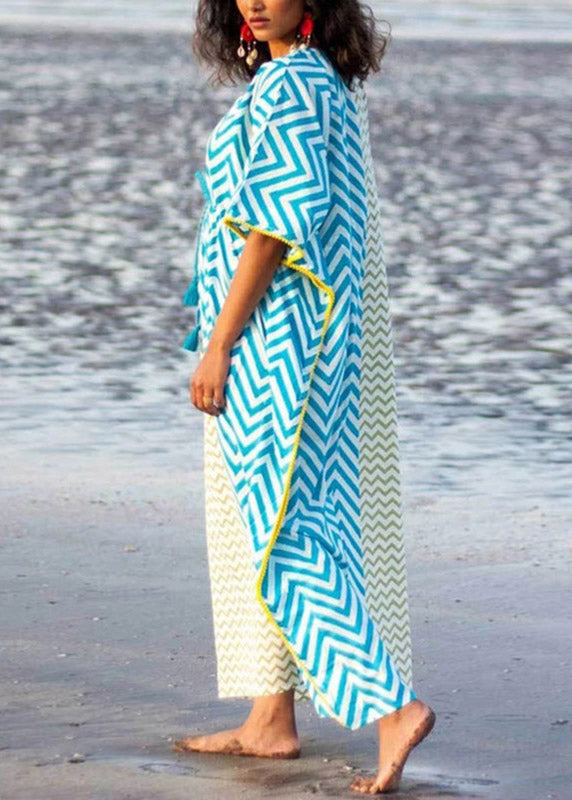 Bohemian Blue Yellow Striped Patchwork Drawstring Tie Waist Maxi Dresses Summer