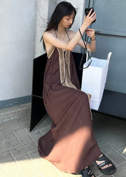 Bohemian Brown Backless Patchwork Cotton Spaghetti Strap Dress Summer