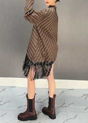 Bohemian Brown O-Neck Asymmetrical Tassel Wool Knit Long Sweater Dress Winter