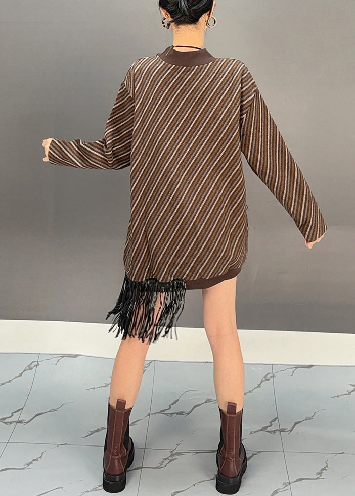 Bohemian Brown O-Neck Asymmetrical Tassel Wool Knit Long Sweater Dress Winter