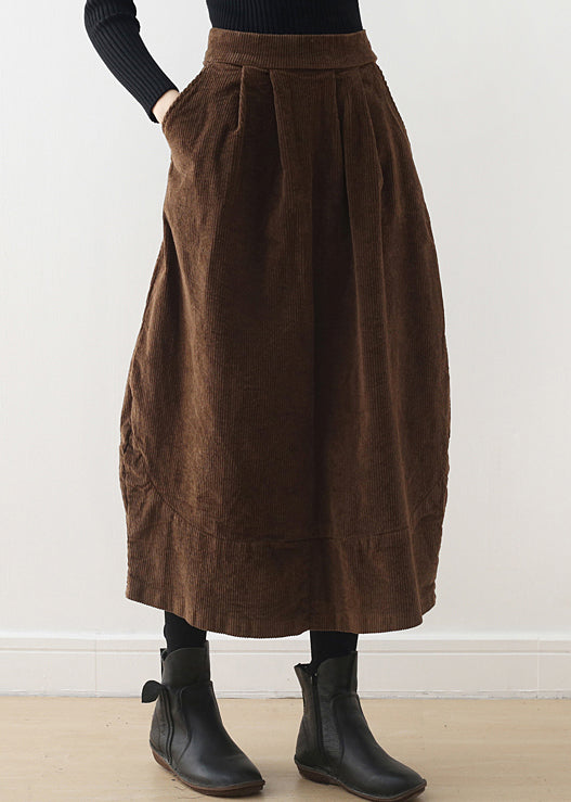 Bohemian Brown Oversized Patchwork Pockets Corduroy Skirt Spring