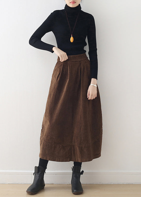 Bohemian Brown Oversized Patchwork Pockets Corduroy Skirt Spring