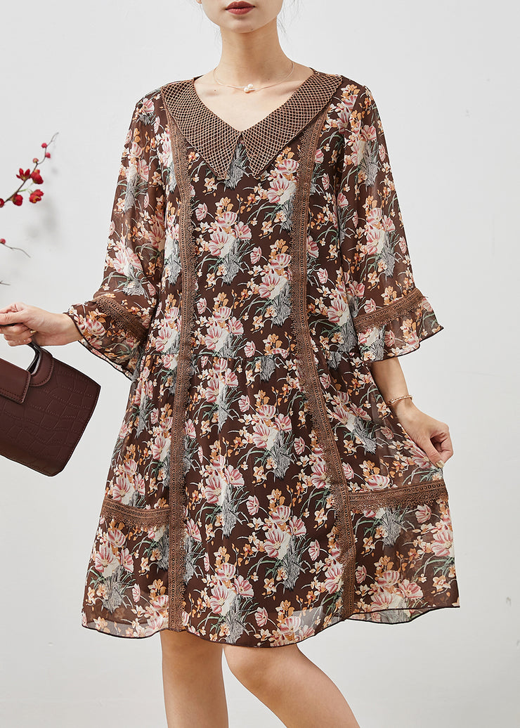 Bohemian Brown Print Patchwork Lace Holiday Dress Summer