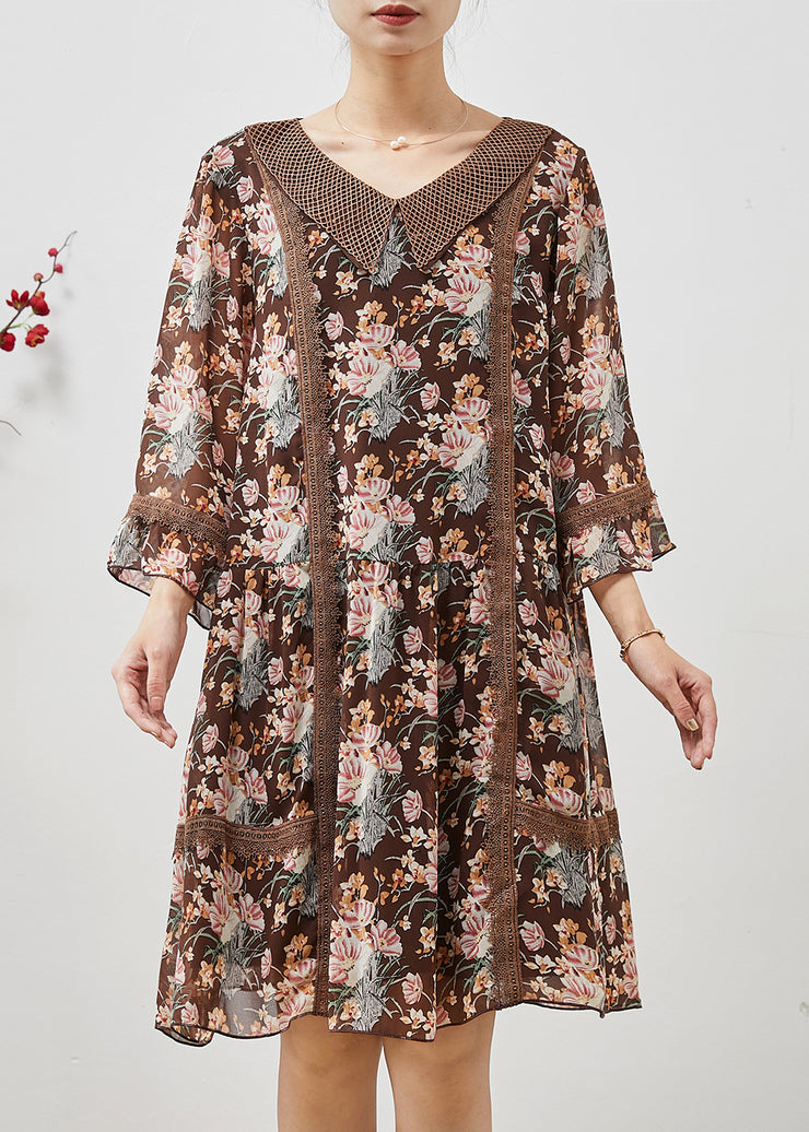 Bohemian Brown Print Patchwork Lace Holiday Dress Summer