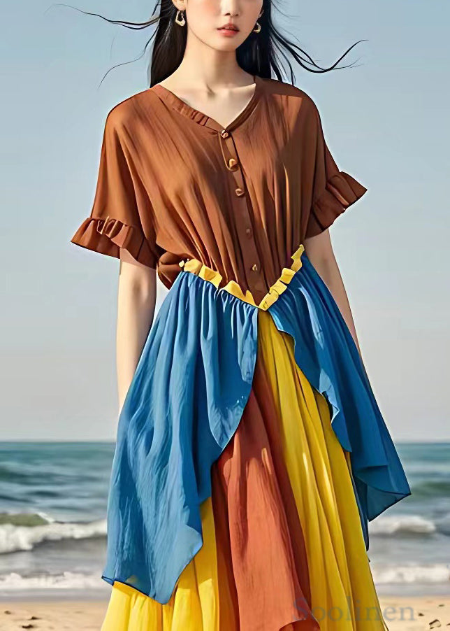 Bohemian Brown Ruffled Button Patchwork Cotton Dresses Summer
