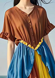 Bohemian Brown Ruffled Button Patchwork Cotton Dresses Summer