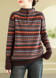 Bohemian Brown Stand Collar Striped Knit Sweaters Spring