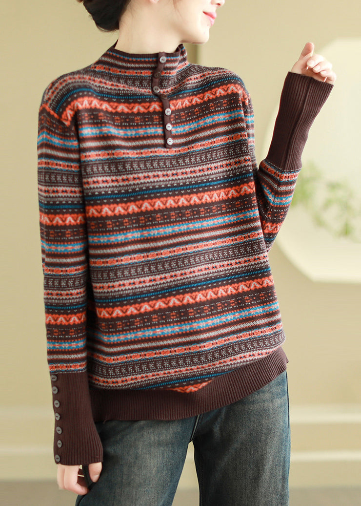 Bohemian Brown Stand Collar Striped Knit Sweaters Spring