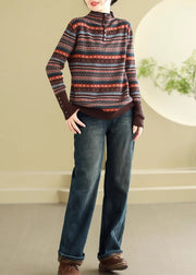 Bohemian Brown Stand Collar Striped Knit Sweaters Spring