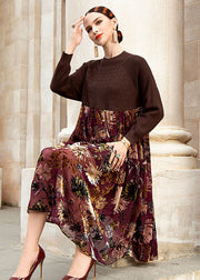 Bohemian Chocolate O-Neck Wrinkled Print Patchwork Knit Sweater Dress Fall