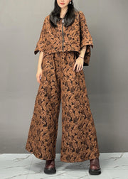 Bohemian Chocolate Print Zippered Top And Wide Leg Pants Two Piece Set Spring