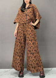 Bohemian Chocolate Print Zippered Top And Wide Leg Pants Two Piece Set Spring