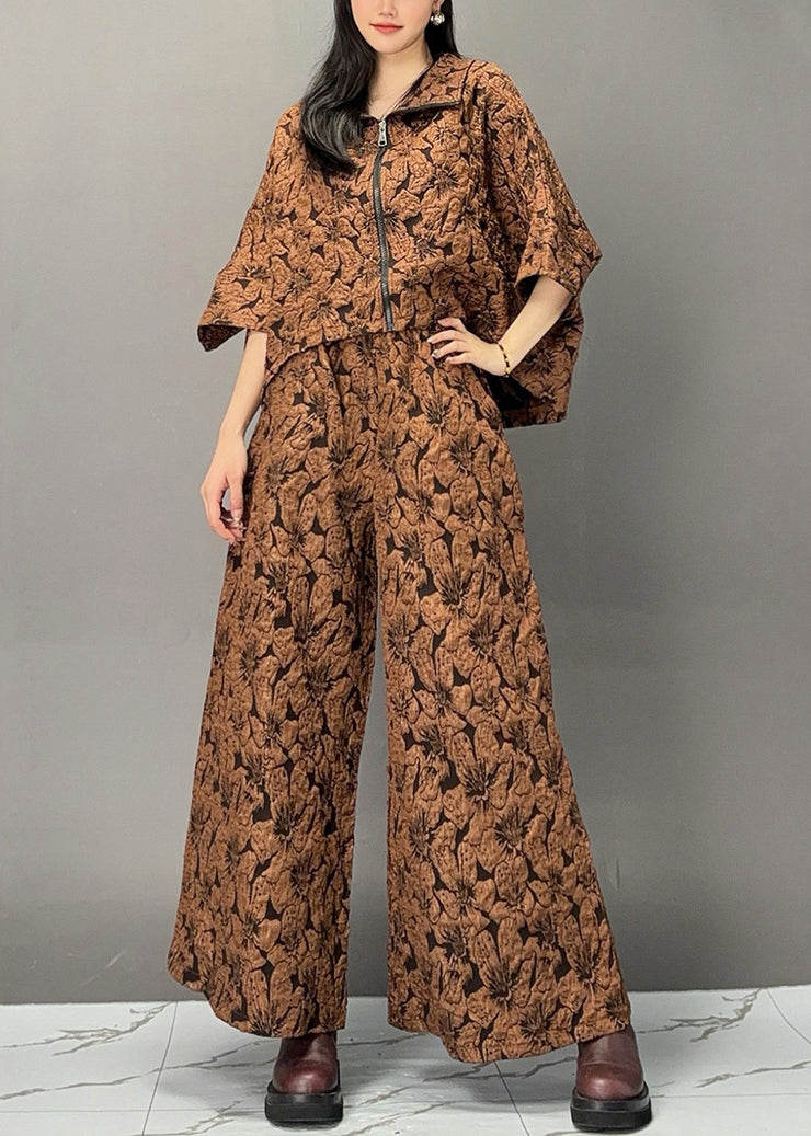 Bohemian Chocolate Print Zippered Top And Wide Leg Pants Two Piece Set Spring