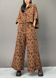 Bohemian Chocolate Print Zippered Top And Wide Leg Pants Two Piece Set Fall