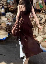 Bohemian Chocolate V Neck Asymmetrical Ruffled Spaghetti Strap Dress Summer