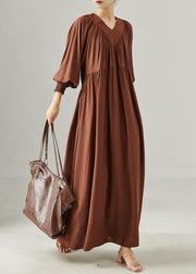 Bohemian Chocolate V Neck Oversized Cotton Long Dress Spring