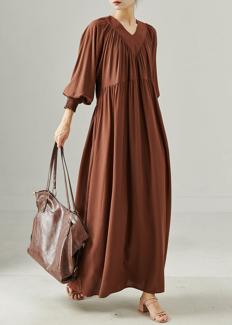 Bohemian Chocolate V Neck Oversized Cotton Long Dress Spring