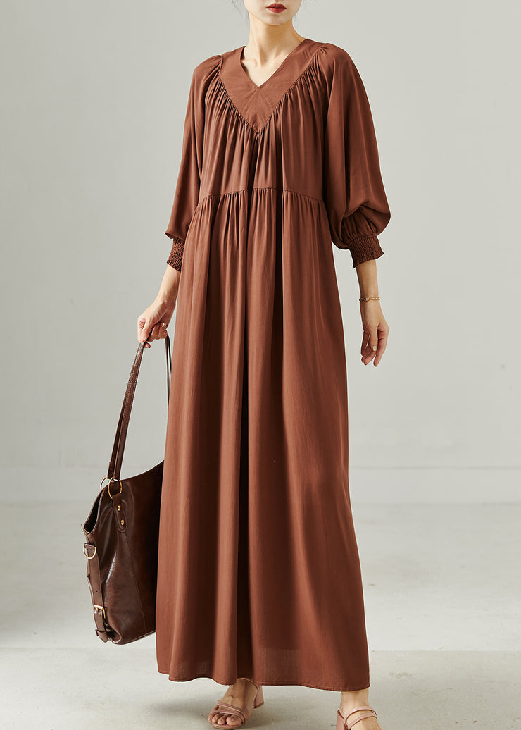 Bohemian Chocolate V Neck Oversized Cotton Long Dress Spring