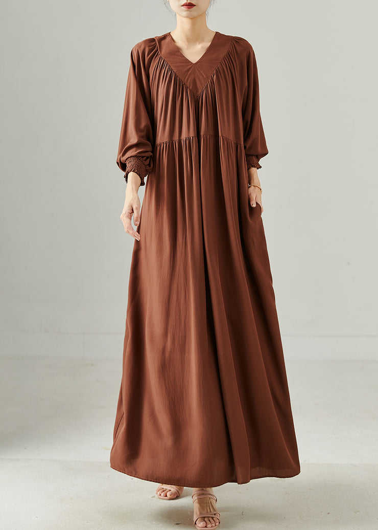 Bohemian Chocolate V Neck Oversized Cotton Long Dress Spring