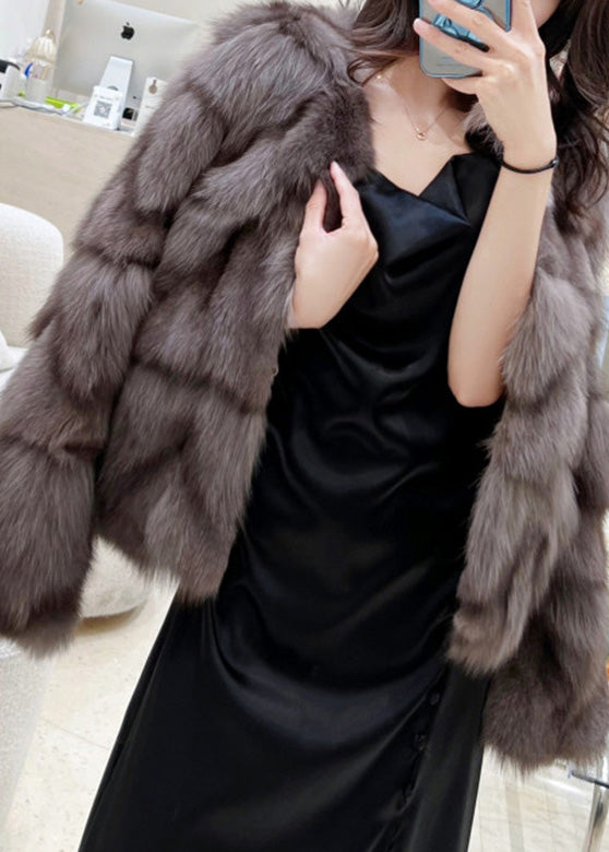 Bohemian Cocoa Colour O-Neck Fuzzy Fur Fluffy Leather And Fur Coats Winter