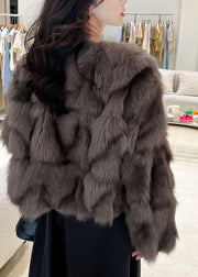 Bohemian Cocoa Colour O-Neck Fuzzy Fur Fluffy Leather And Fur Coats Winter