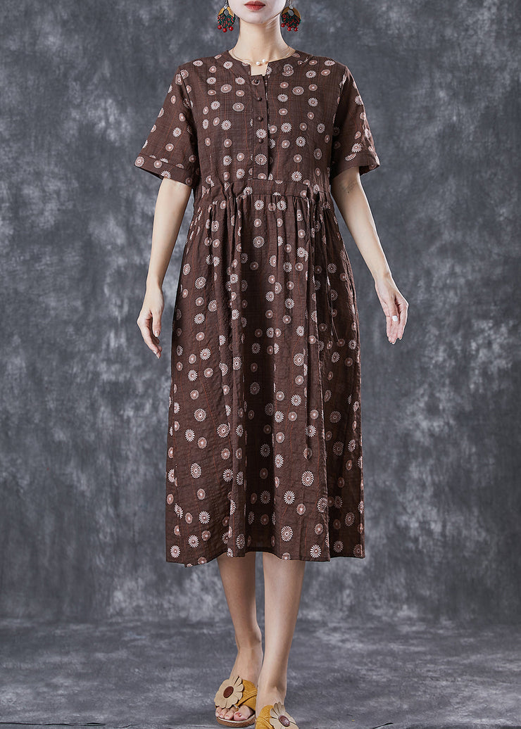 Bohemian Coffee Cinched Daisy Linen Dresses Summer