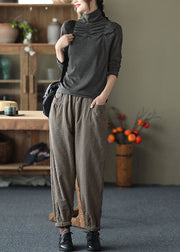 Bohemian Chocolate Elastic Waist Striped Pockets Fine Cotton Filled Pants Winter