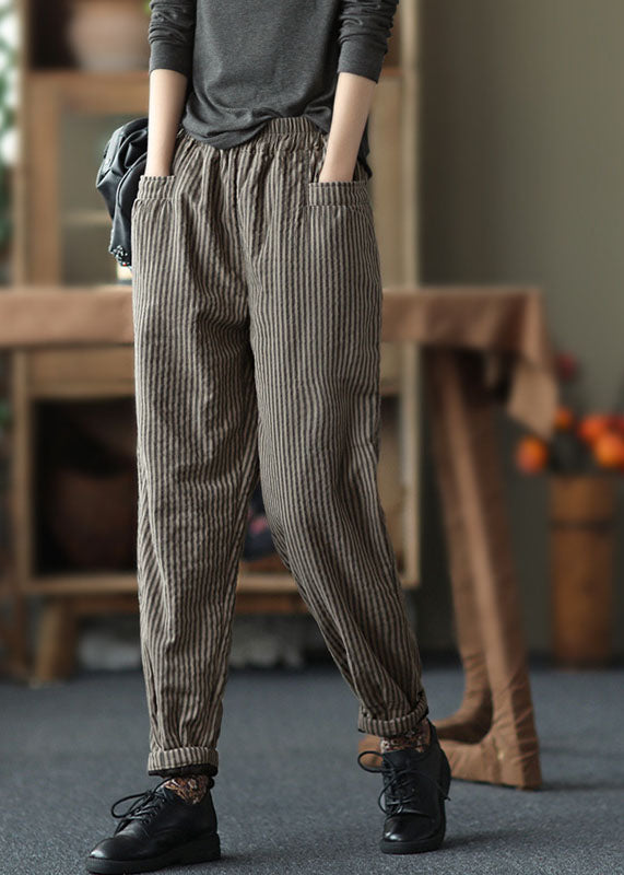 Bohemian Chocolate Elastic Waist Striped Pockets Fine Cotton Filled Pants Winter