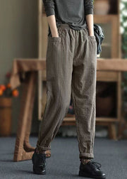 Bohemian Chocolate Elastic Waist Striped Pockets Fine Cotton Filled Pants Winter