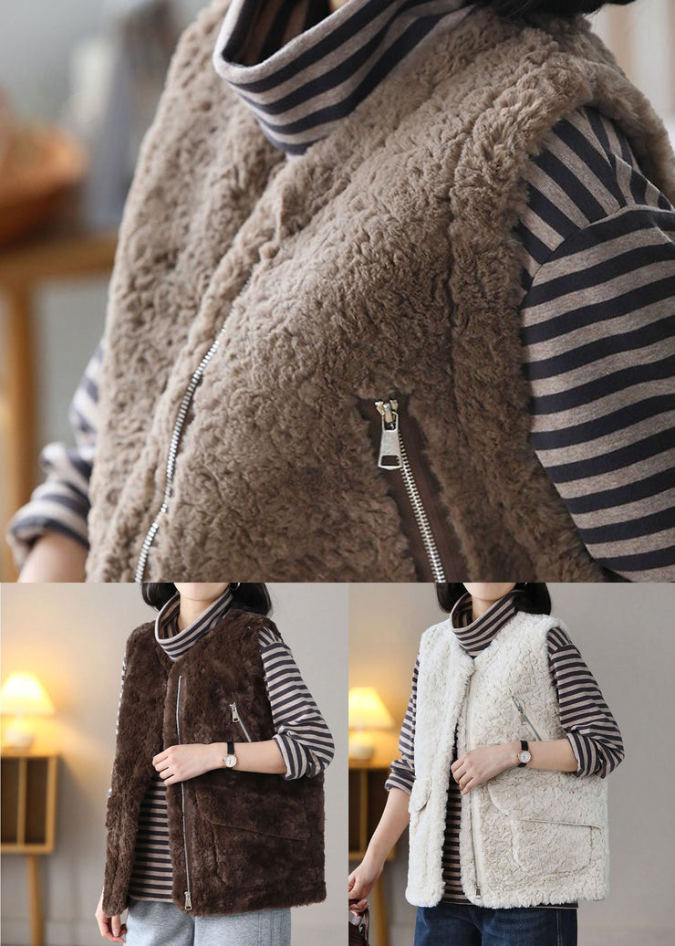 Bohemian Coffee O-Neck Pockets Warm Fuzzy Fur Fluffy Vest Spring