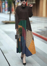 Bohemian Coffee Turtleneck Tie Waist Patchwork Long Dress Winter