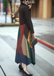 Bohemian Coffee Turtleneck Tie Waist Patchwork Long Dress Winter