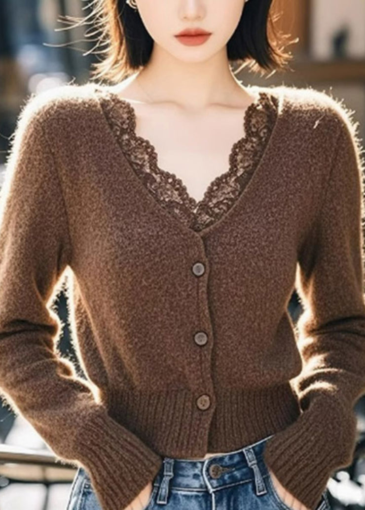 Bohemian Coffee V Neck Lace Patchwork Cotton Knit Cardigan Spring