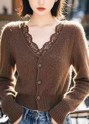 Bohemian Coffee V Neck Lace Patchwork Cotton Knit Cardigan Spring