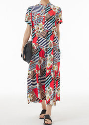 Bohemian Coffee Wrinkled Print Patchwork Chiffon Dress Summer