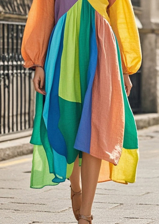 Bohemian Colorblock Asymmetrical Patchwork Cotton Maxi Dresses Fall