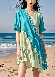 Bohemian Colorblock Asymmetrical Patchwork Ruffled Linen Dresses Summer