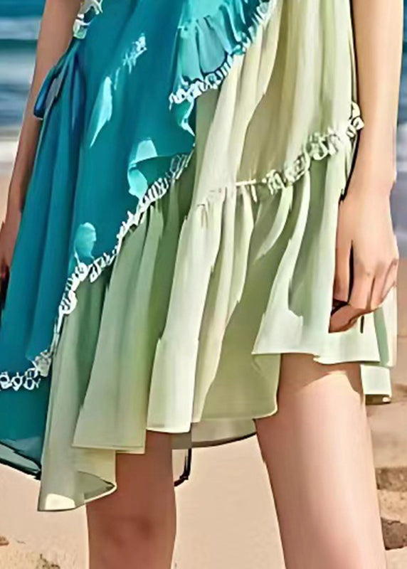 Bohemian Colorblock Asymmetrical Patchwork Ruffled Linen Dresses Summer
