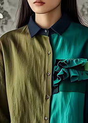 Bohemian Colorblock Asymmetrical Ruffled Linen Shirt Half Sleeve