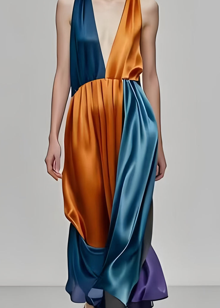 Bohemian Colorblock Deep-V Neck Patchwork Silk Party Dress Sleeveless